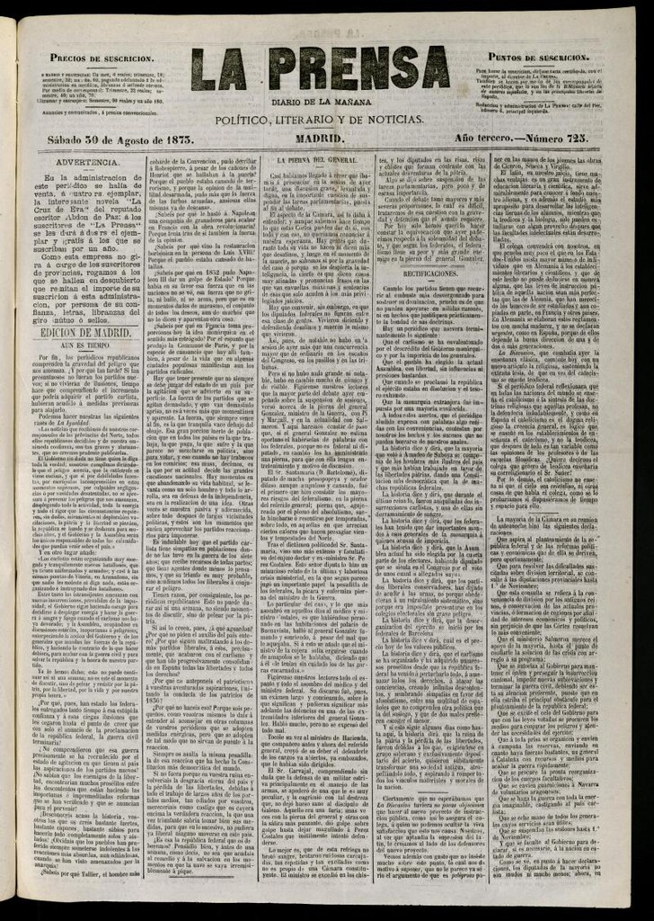 Miniatura de La Prensa : diario de la mañana : político, literario y de noticias del 30 de agosto de 1873, nº 725