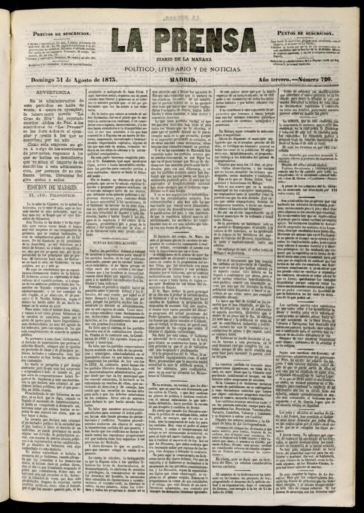 Miniatura de La Prensa : diario de la mañana : político, literario y de noticias del 31 de agosto de 1873, nº 726