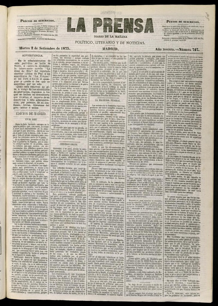 Miniatura de La Prensa : diario de la mañana : político, literario y de noticias del 2 de septiembre de 1873, nº 727