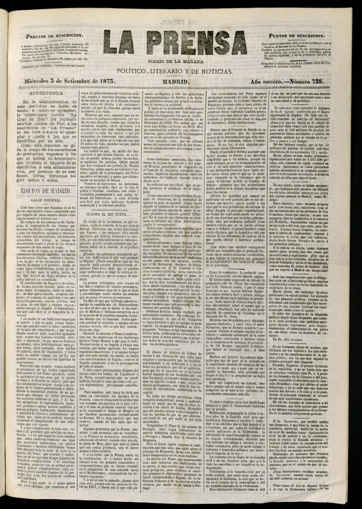 Miniatura de La Prensa : diario de la mañana : político, literario y de noticias del 3 de septiembre de 1873, nº 728
