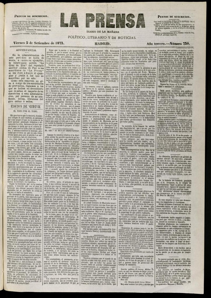 Miniatura de La Prensa : diario de la mañana : político, literario y de noticias del 5 de septiembre de 1873, nº 730
