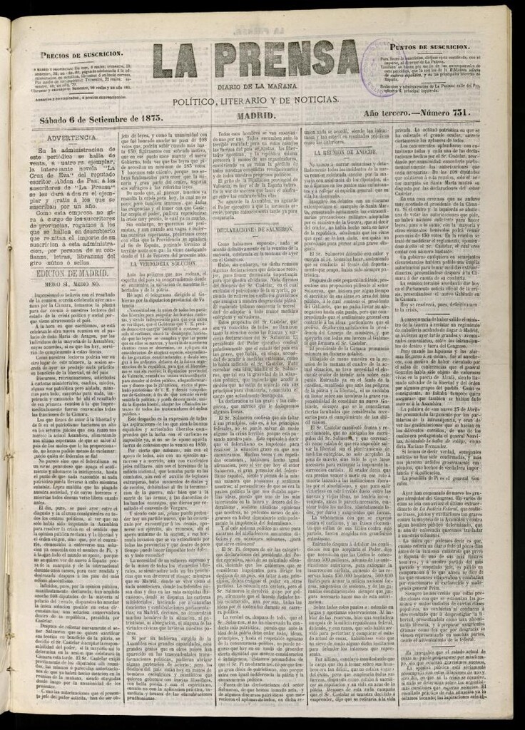 Miniatura de La Prensa : diario de la mañana : político, literario y de noticias del 6 de septiembre de 1873, nº 731