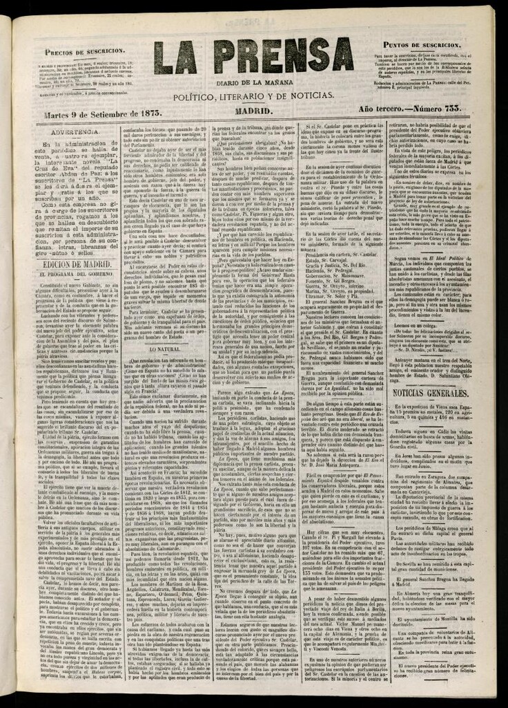 Miniatura de La Prensa : diario de la mañana : político, literario y de noticias del 9 de septiembre de 1873, nº 733