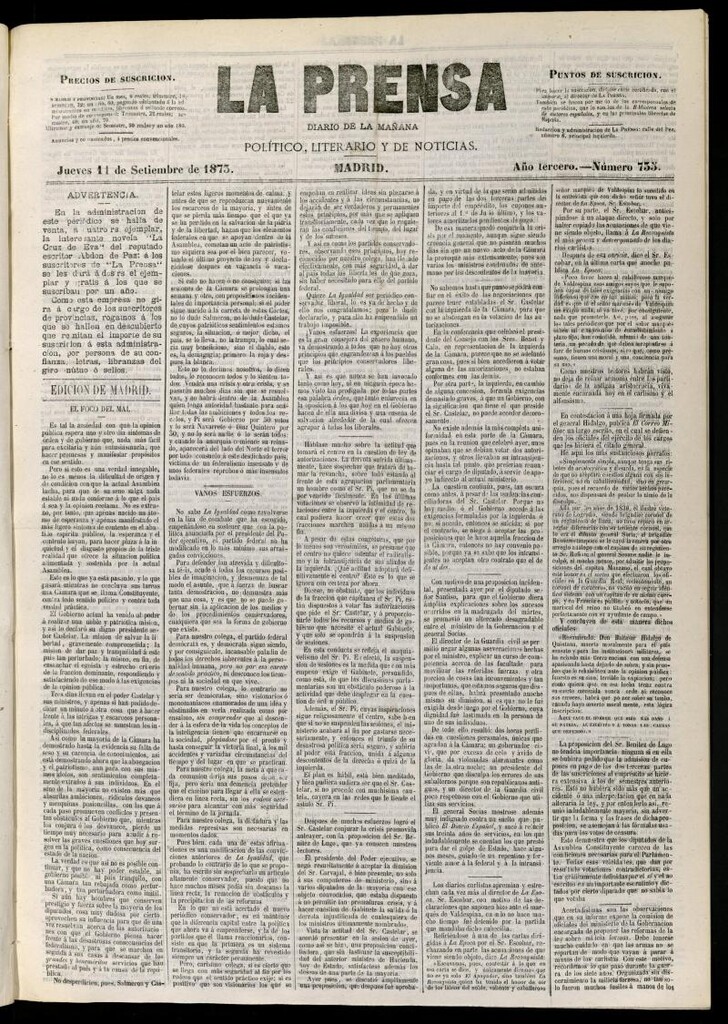 Miniatura de La Prensa : diario de la mañana : político, literario y de noticias del 11 de septiembre de 1873, nº 735