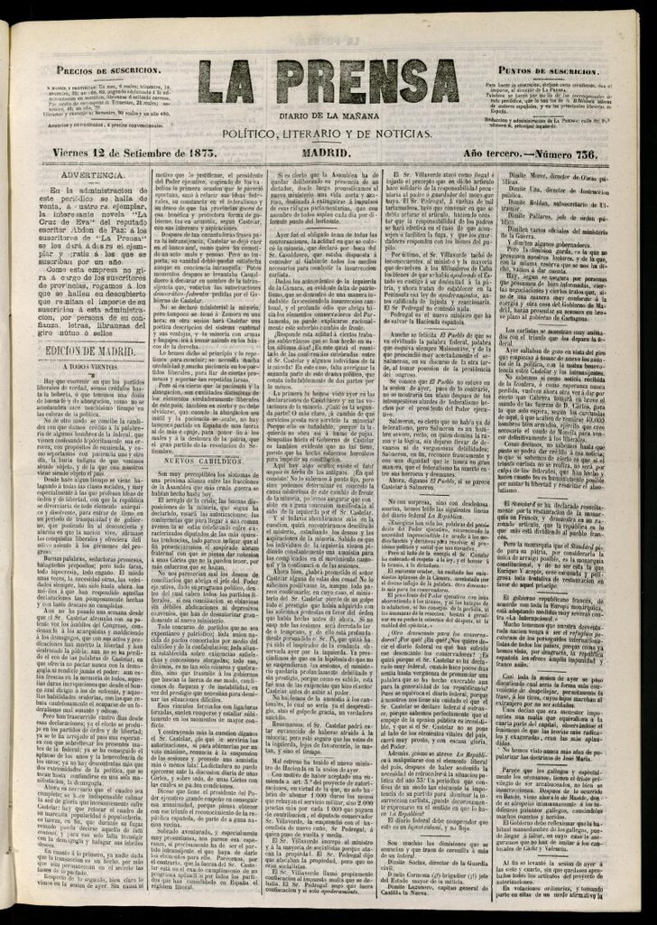Miniatura de La Prensa : diario de la mañana : político, literario y de noticias del 12 de septiembre de 1873, nº 736