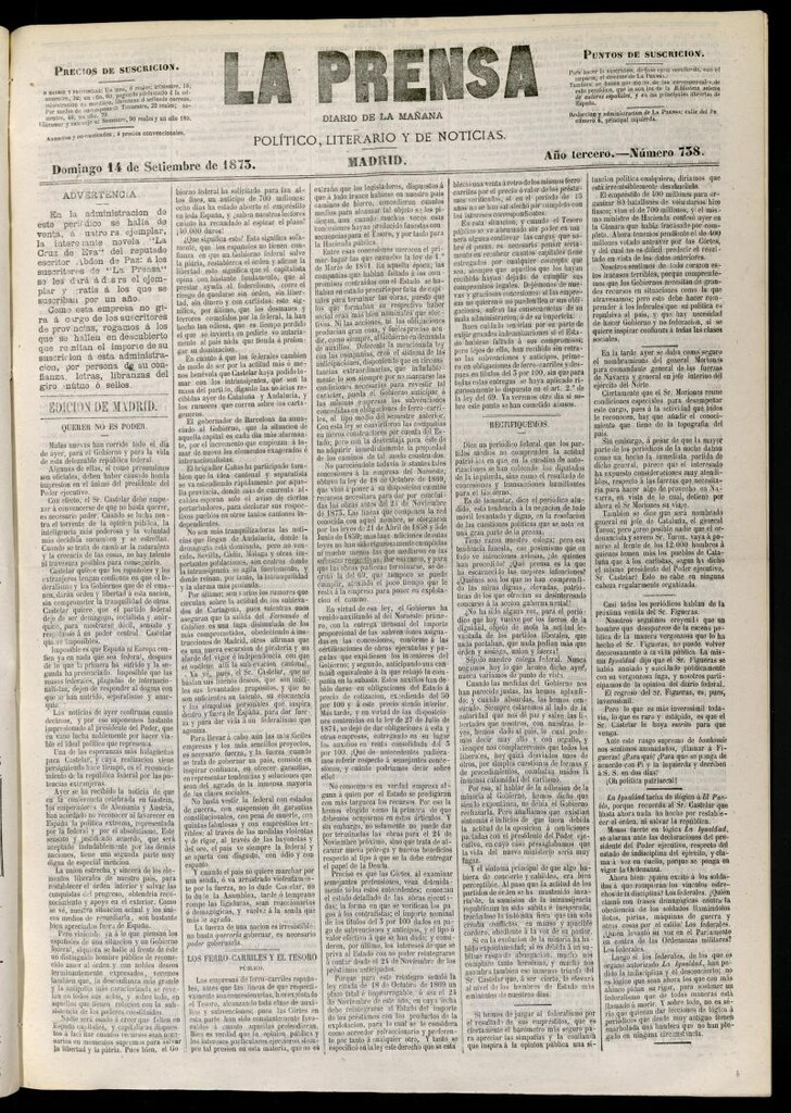 Miniatura de La Prensa : diario de la mañana : político, literario y de noticias del 14 de septiembre de 1873, nº 738