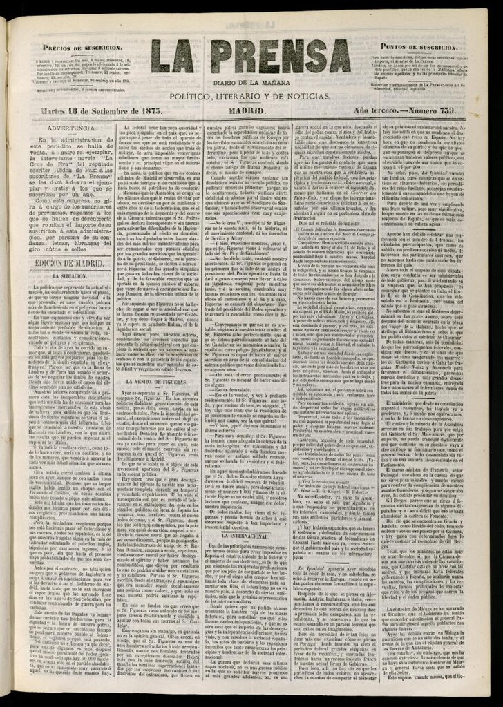 Miniatura de La Prensa : diario de la mañana : político, literario y de noticias del 16 de septiembre de 1873, nº 739
