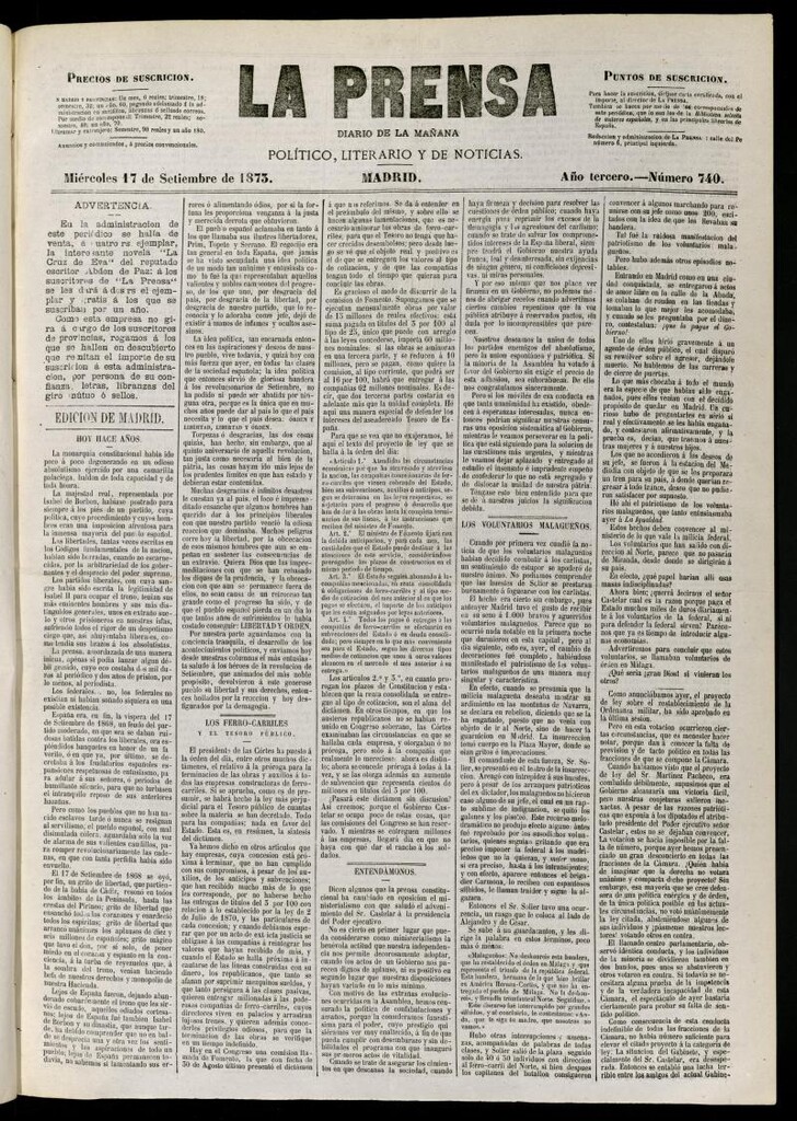 Miniatura de La Prensa : diario de la mañana : político, literario y de noticias del 17 de septiembre de 1873, nº 740