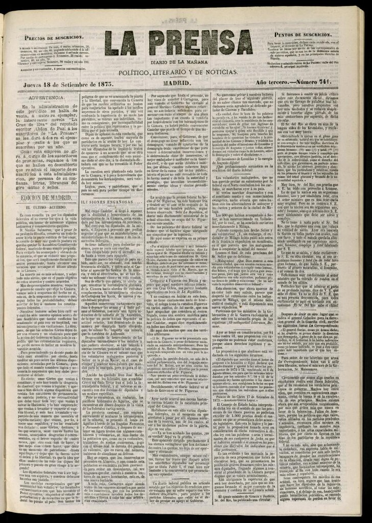 Miniatura de La Prensa : diario de la mañana : político, literario y de noticias del 18 de septiembre de 1873, nº 741
