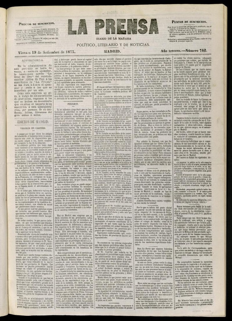 Miniatura de La Prensa : diario de la mañana : político, literario y de noticias del 19 de septiembre de 1873, nº 742