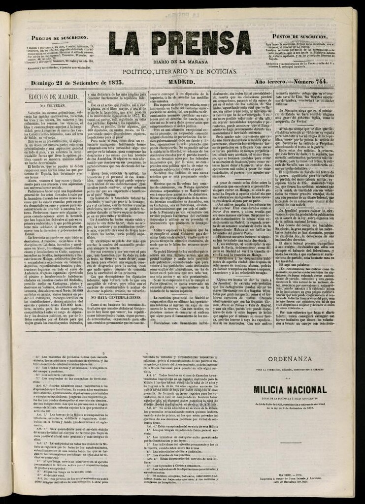 Miniatura de La Prensa : diario de la mañana : político, literario y de noticias del 21 de septiembre de 1873, nº 744