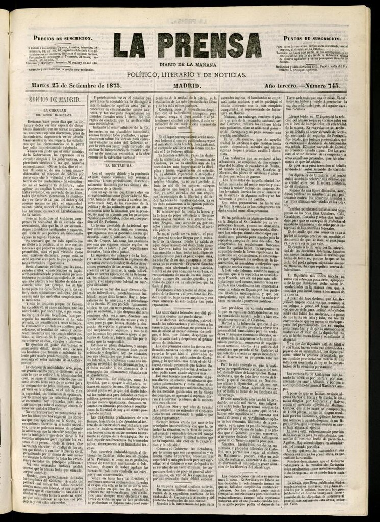 Miniatura de La Prensa : diario de la mañana : político, literario y de noticias del 23 de septiembre de 1873, nº 745