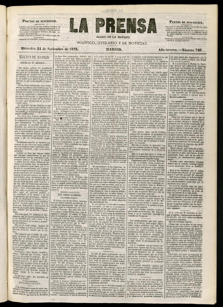 Miniatura de La Prensa : diario de la mañana : político, literario y de noticias del 24 de septiembre de 1873, nº 746