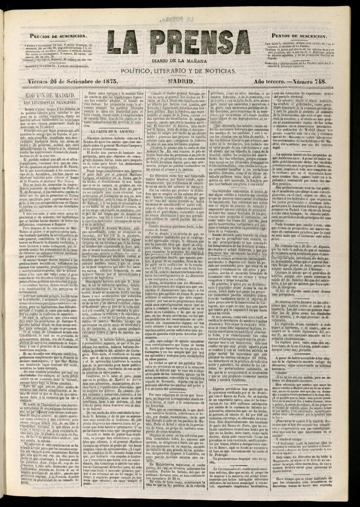 Miniatura de La Prensa : diario de la mañana : político, literario y de noticias del 25 de septiembre de 1873, nº 747
