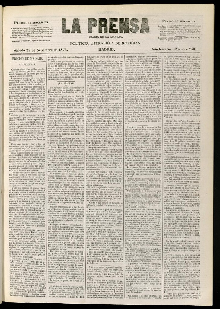 Miniatura de La Prensa : diario de la mañana : político, literario y de noticias del 27 de septiembre de 1873, nº 749