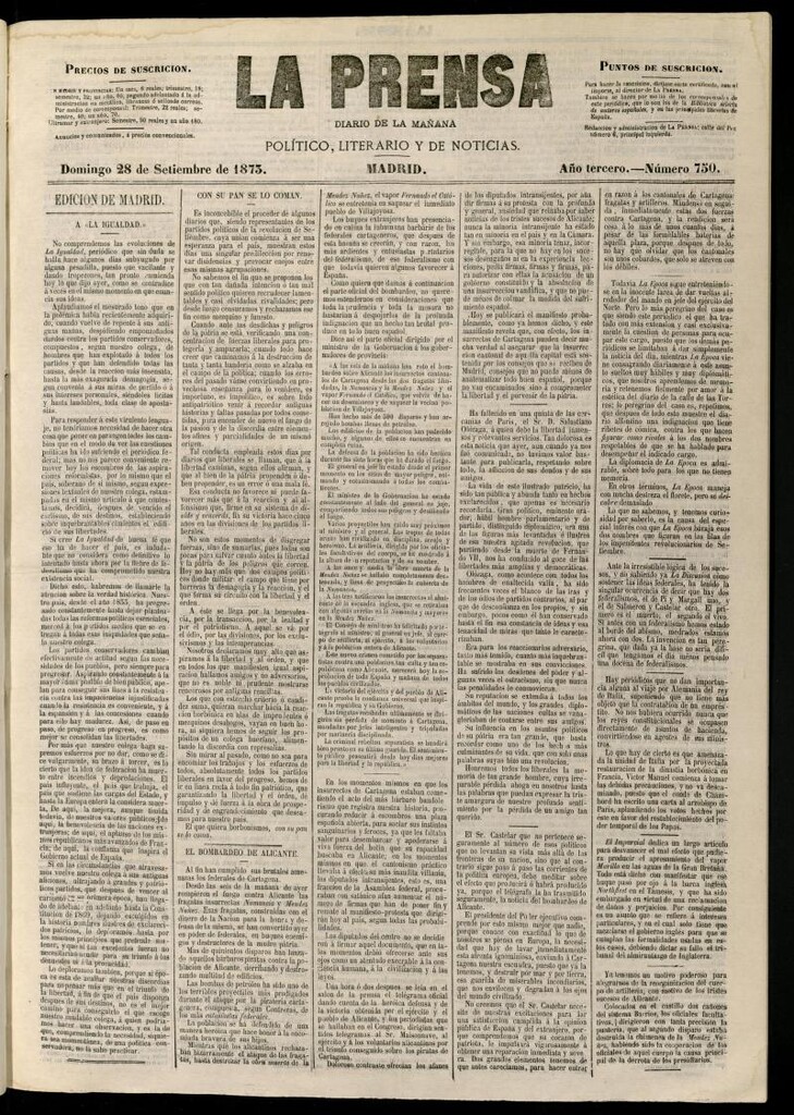 Miniatura de La Prensa : diario de la mañana : político, literario y de noticias del 28 de septiembre de 1873, nº 750