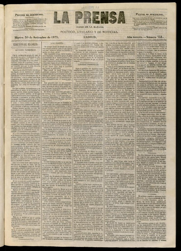 Miniatura de La Prensa : diario de la mañana : político, literario y de noticias del 30 de septiembre de 1873, nº 751
