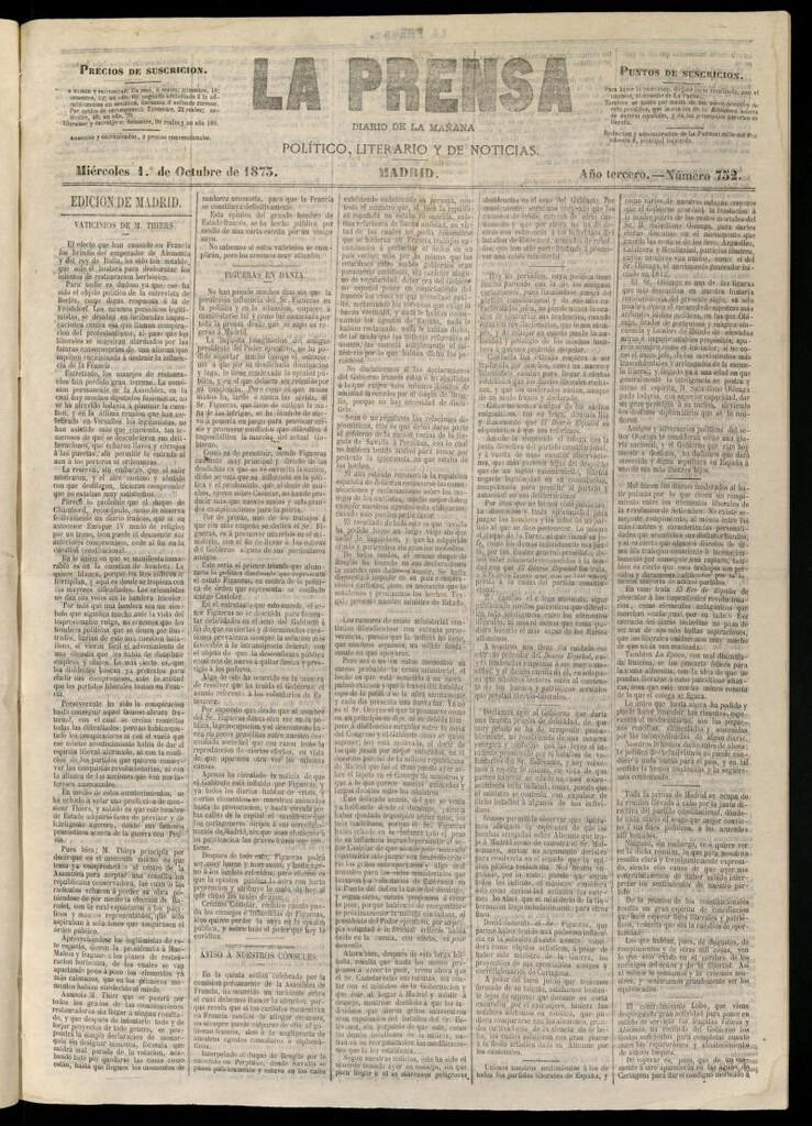 Miniatura de La Prensa : diario de la mañana : político, literario y de noticias del 1 de octubre de 1873, nº 752