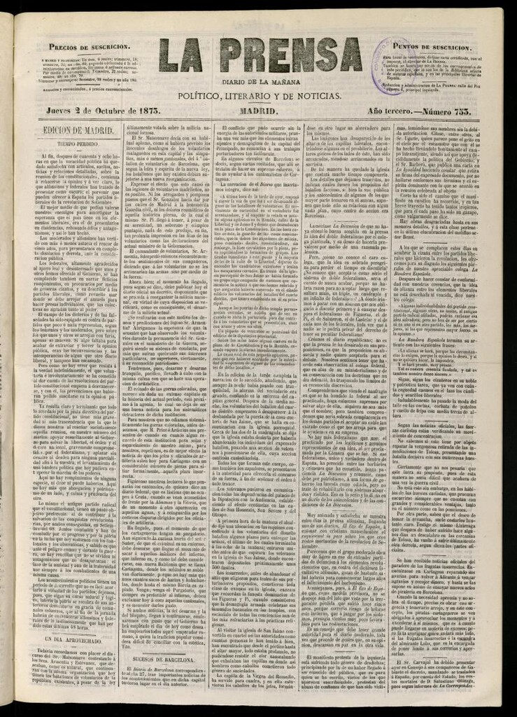 Miniatura de La Prensa : diario de la mañana : político, literario y de noticias del 2 de octubre de 1873, nº 753