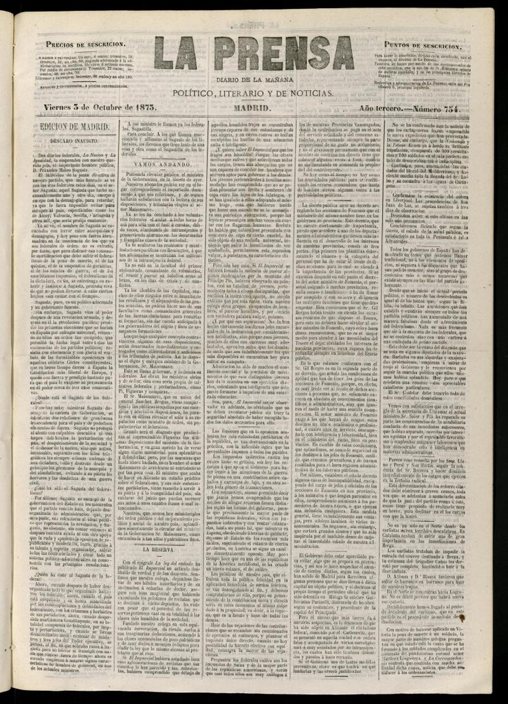Miniatura de La Prensa : diario de la mañana : político, literario y de noticias del 3 de octubre de 1873, nº 754