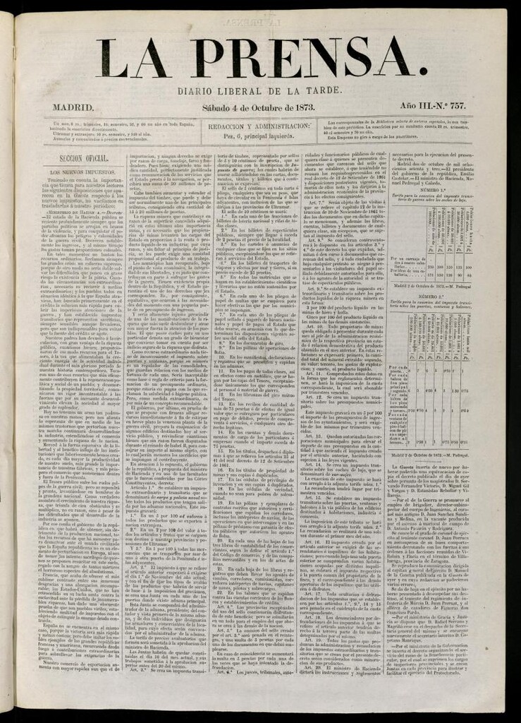Miniatura de La Prensa : diario de la mañana : político, literario y de noticias del 4 de octubre de 1873, nº 757