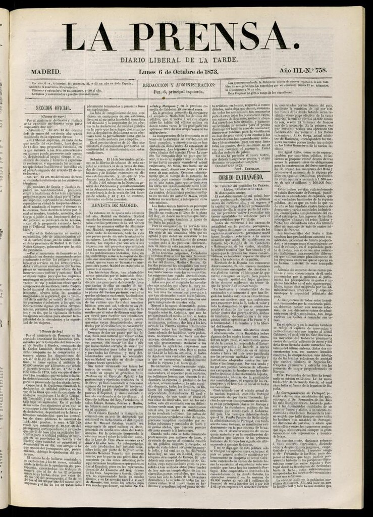 Miniatura de La Prensa : diario de la mañana : político, literario y de noticias del 6 de octubre de 1873, nº 758