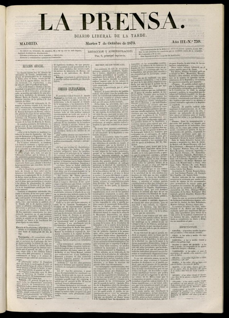 Miniatura de La Prensa : diario de la mañana : político, literario y de noticias del 7 de octubre de 1873, nº 759