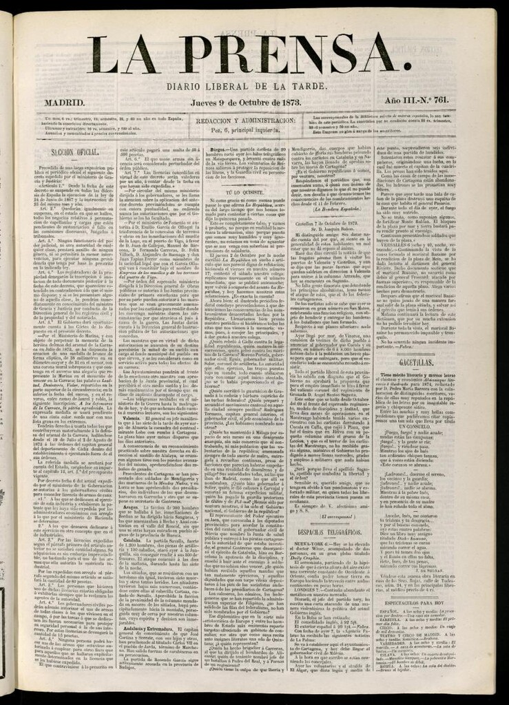 Miniatura de La Prensa : diario de la mañana : político, literario y de noticias del 9 de octubre de 1873, nº 761