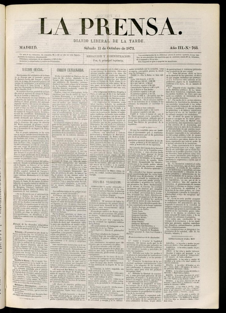 Miniatura de La Prensa : diario de la mañana : político, literario y de noticias del 11 de octubre de 1873, nº 763