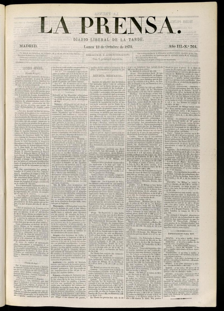 Miniatura de La Prensa : diario de la mañana : político, literario y de noticias del 13 de octubre de 1873, nº 764