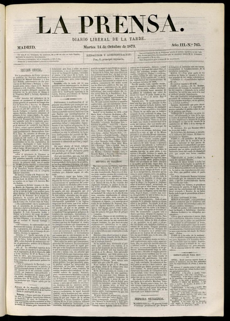 Miniatura de La Prensa : diario de la mañana : político, literario y de noticias del 14 de octubre de 1873, nº 765