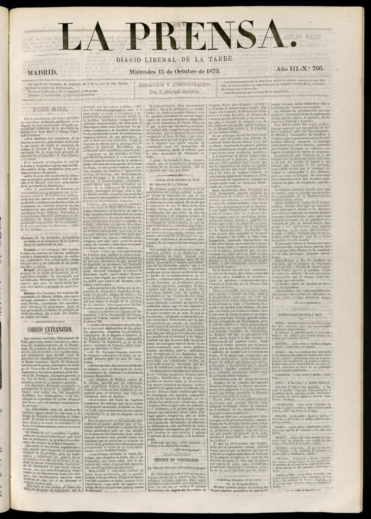 Miniatura de La Prensa : diario de la mañana : político, literario y de noticias del 15 de octubre de 1873, nº 766