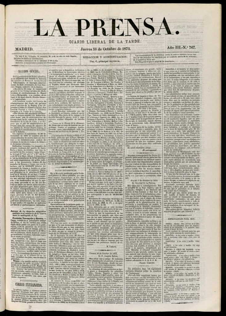 Miniatura de La Prensa : diario de la mañana : político, literario y de noticias del 16 de octubre de 1873, nº 767