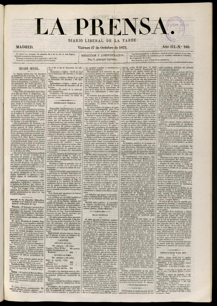 Miniatura de La Prensa : diario de la mañana : político, literario y de noticias del 17 de octubre de 1873, nº 768