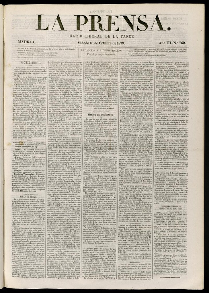 Miniatura de La Prensa : diario de la mañana : político, literario y de noticias del 18 de octubre de 1873, nº 769