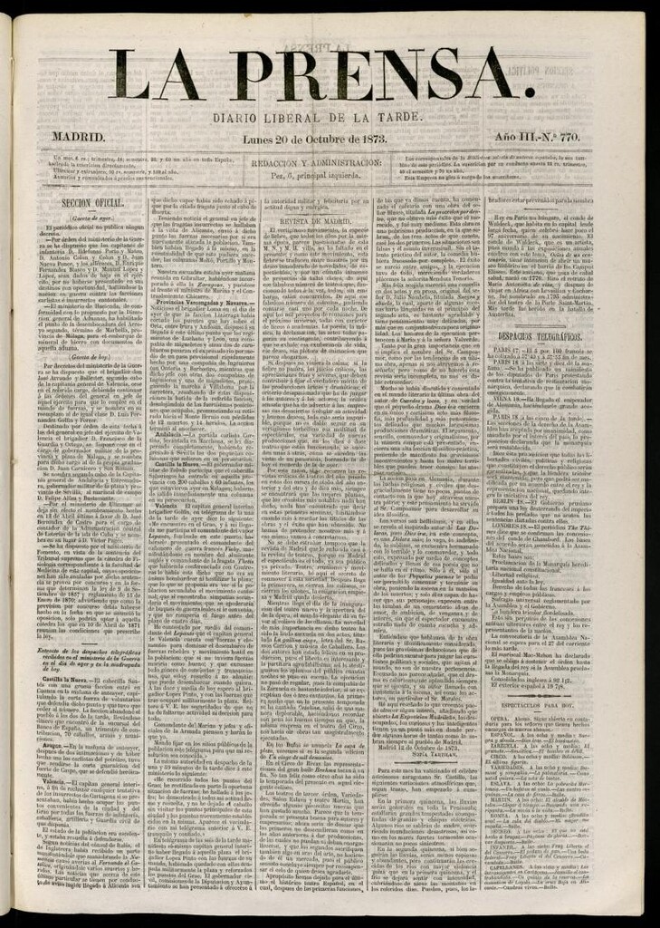 Miniatura de La Prensa : diario de la mañana : político, literario y de noticias del 20 de octubre de 1873, nº 770