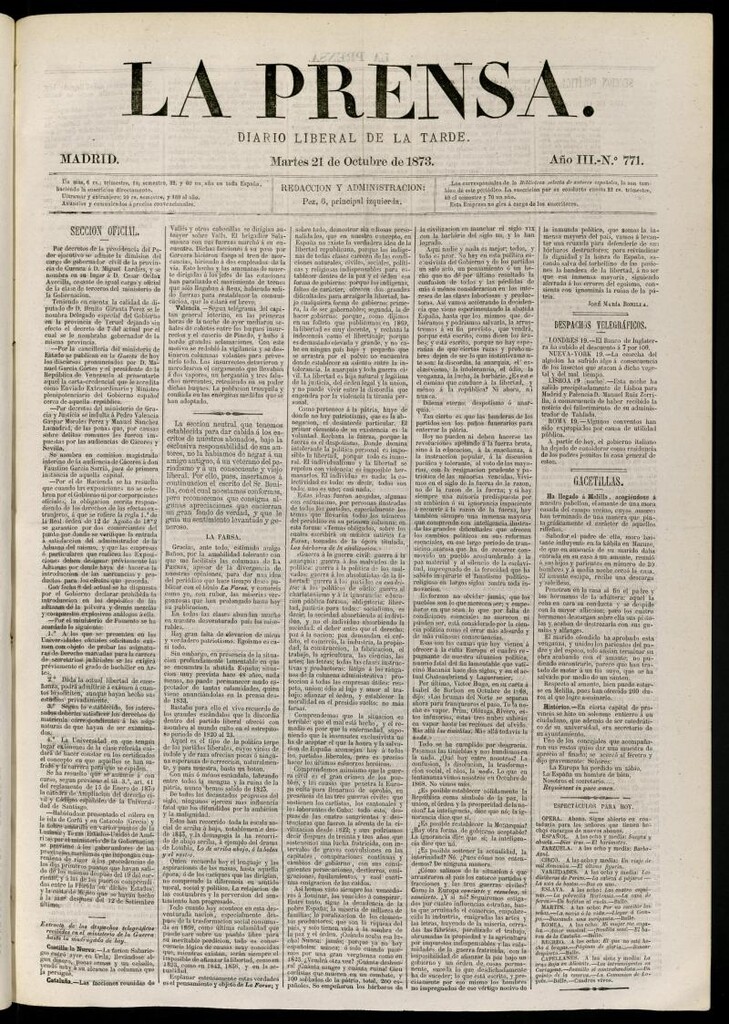 Miniatura de La Prensa : diario de la mañana : político, literario y de noticias del 21 de octubre de 1873, nº 771