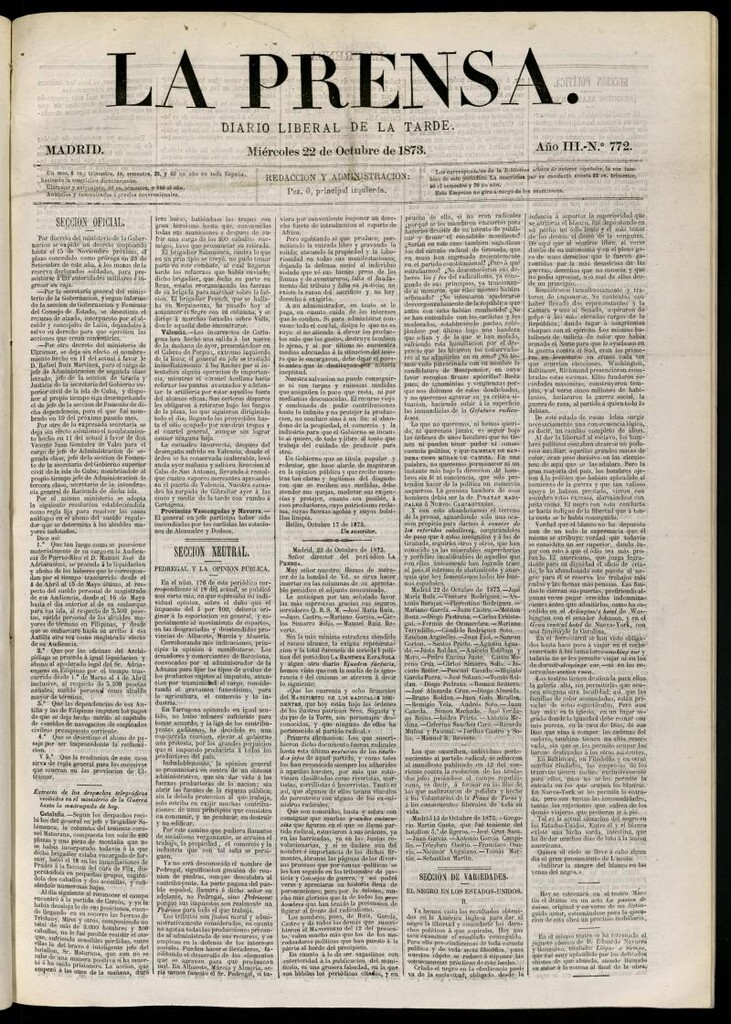 Miniatura de La Prensa : diario de la mañana : político, literario y de noticias del 22 de octubre de 1873, nº 772
