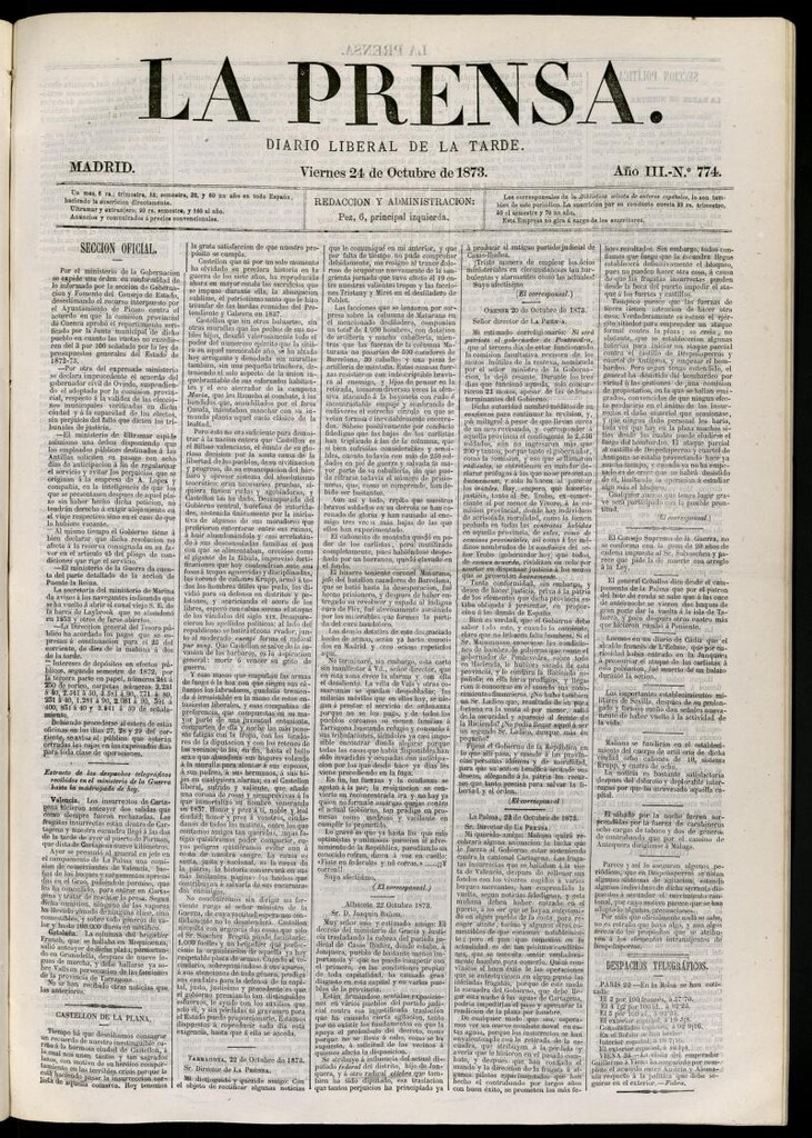 Miniatura de La Prensa : diario de la mañana : político, literario y de noticias del 24 de octubre de 1873, nº 774