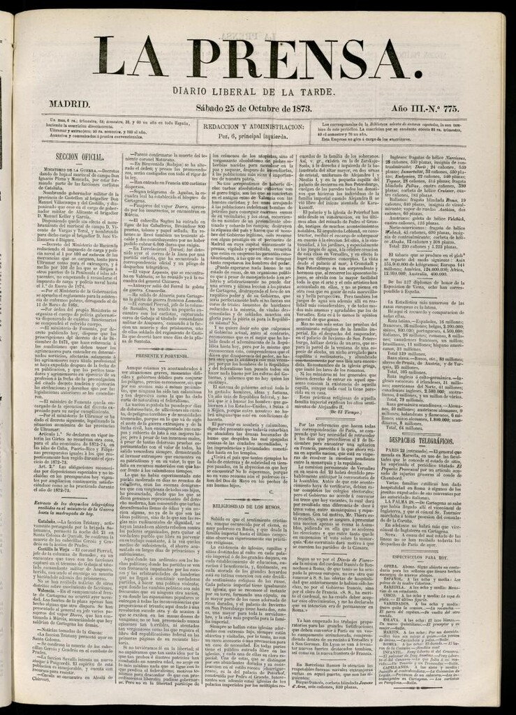 Miniatura de La Prensa : diario de la mañana : político, literario y de noticias del 25 de octubre de 1873, nº 775