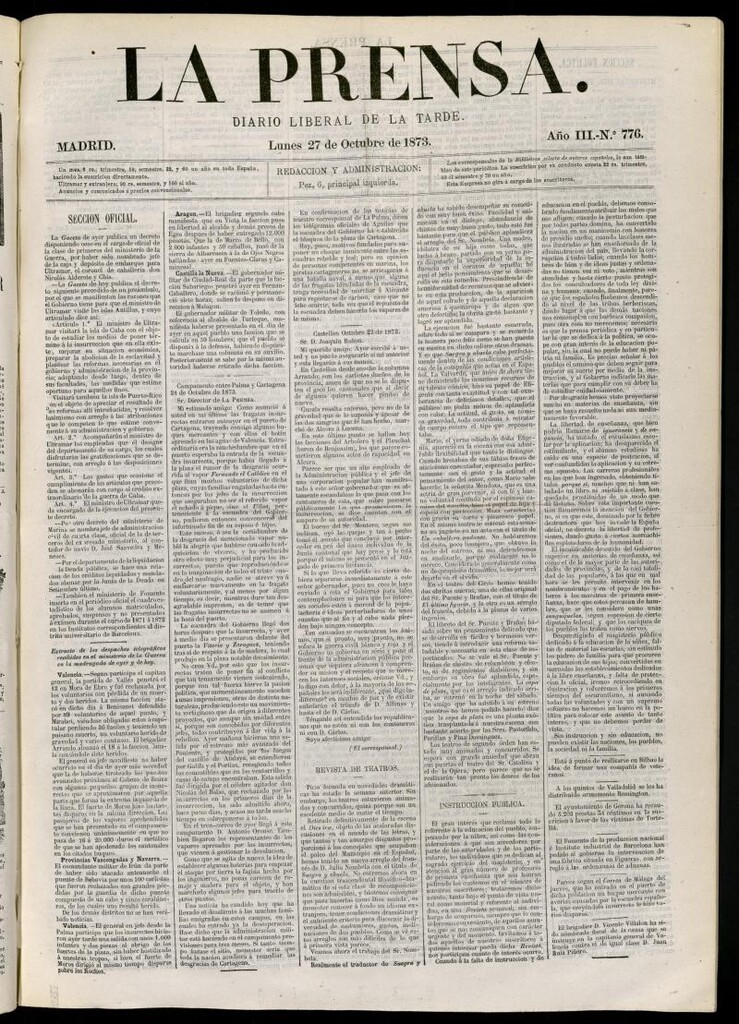 Miniatura de La Prensa : diario de la mañana : político, literario y de noticias del 27 de octubre de 1873, nº 776