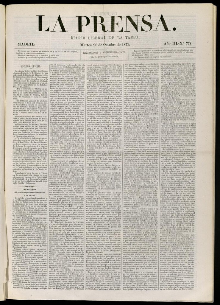 Miniatura de La Prensa : diario de la mañana : político, literario y de noticias del 28 de octubre de 1873, nº 777