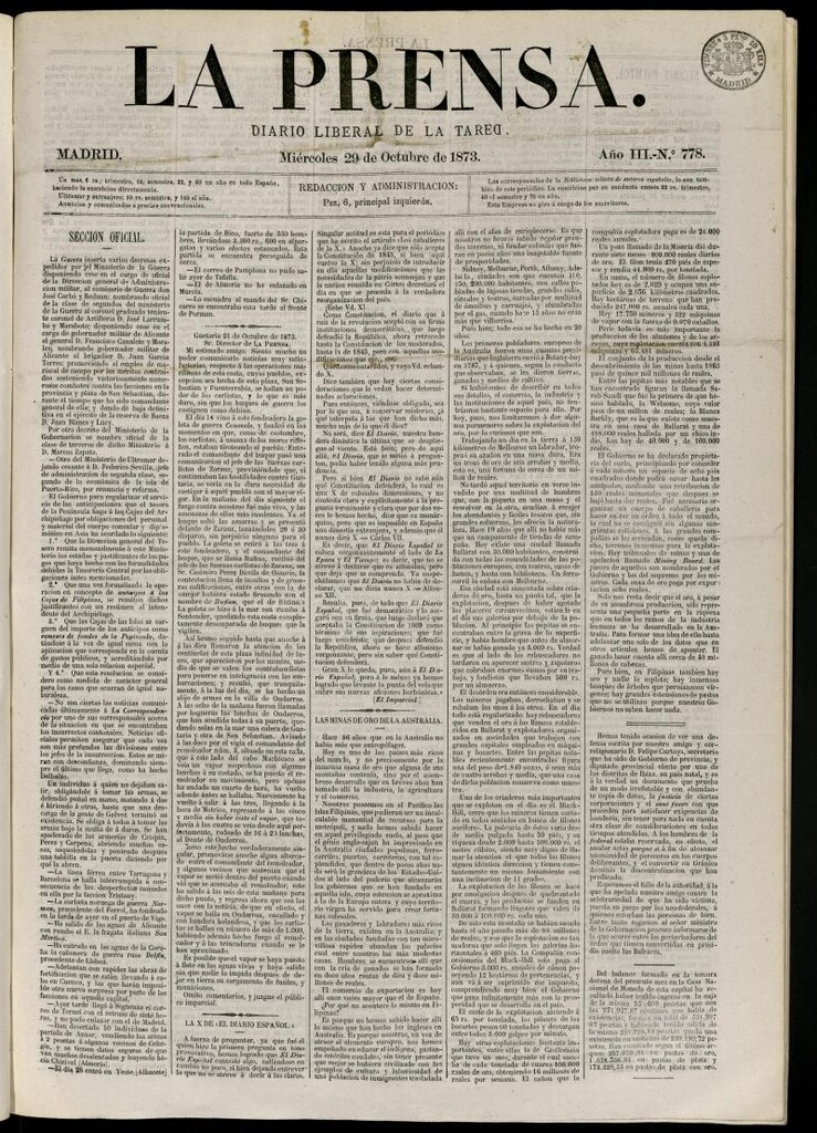 Miniatura de La Prensa : diario de la mañana : político, literario y de noticias del 29 de octubre de 1873, nº 778