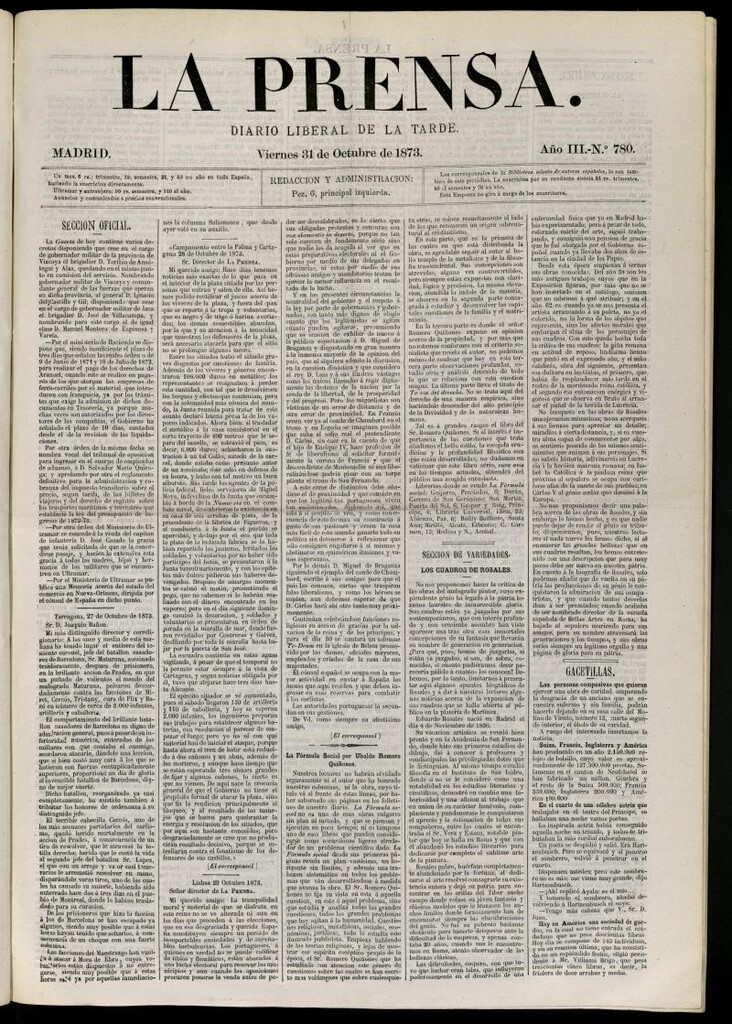 Miniatura de La Prensa : diario de la mañana : político, literario y de noticias del 31 de octubre de 1873, nº 780