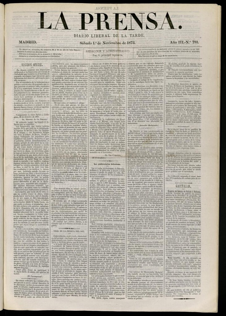 Miniatura de La Prensa : diario de la mañana : político, literario y de noticias del 1 de noviembre de 1873, nº 781