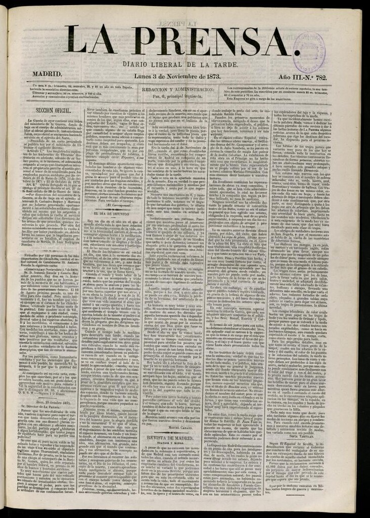 Miniatura de La Prensa : diario de la mañana : político, literario y de noticias del 3 de noviembre de 1873, nº 782