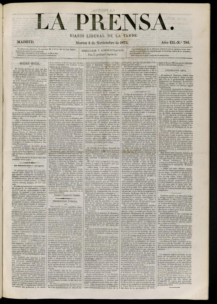 Miniatura de La Prensa : diario de la mañana : político, literario y de noticias del 4 de noviembre de 1873, nº 783