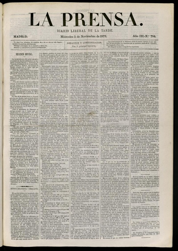 Miniatura de La Prensa : diario de la mañana : político, literario y de noticias del 5 de noviembre de 1873, nº 784