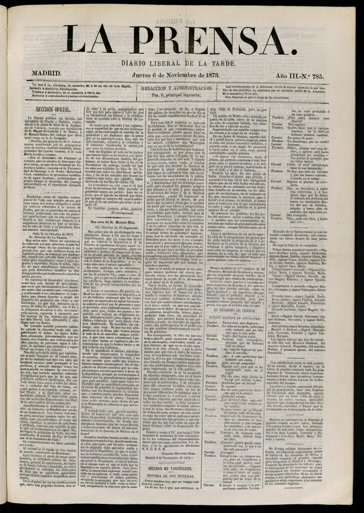 Miniatura de La Prensa : diario de la mañana : político, literario y de noticias del 6 de noviembre de 1873, nº 785