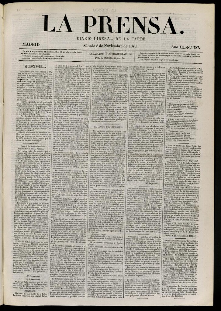 Miniatura de La Prensa : diario de la mañana : político, literario y de noticias del 8 de noviembre de 1873, nº 787
